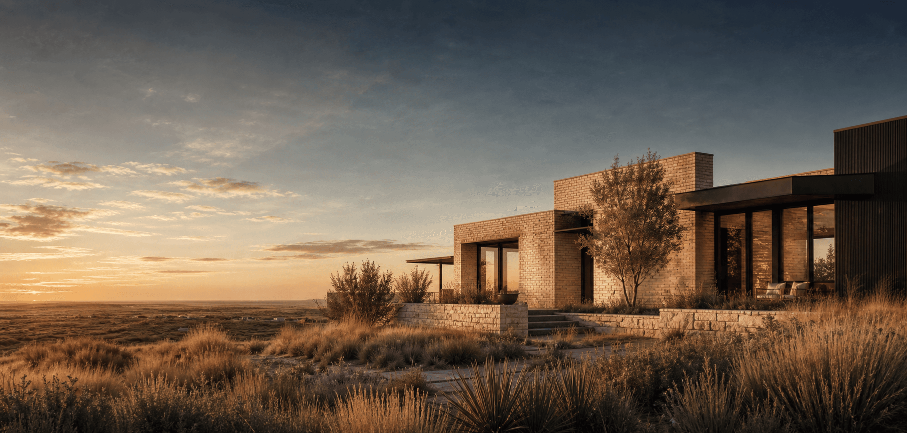 Editorial view of contemporary West Texas architecture at golden hour